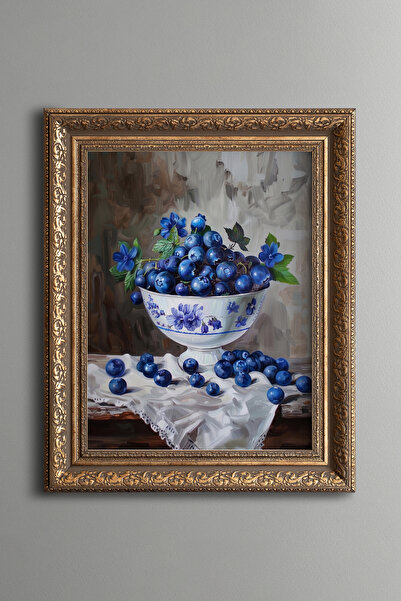 epiqart Blueberries in a Blue Floral Bowl - Vintage Patterned Painting - Thic...