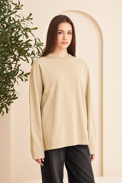 borz clo Crew Neck 100% Cotton Washed Long Sleeve T-Shirt