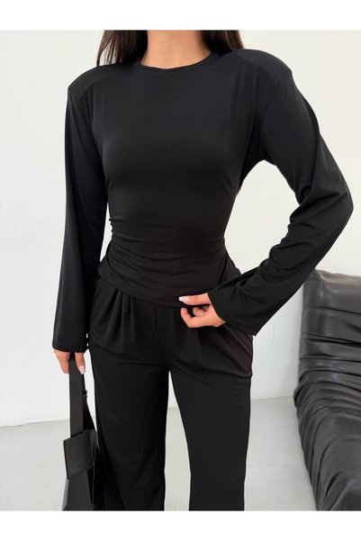 ZF BUTİK Women's Crew Neck Back-Tie Double Pants Set