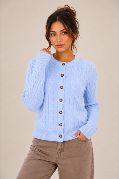 Noi Belis Crew Neck Buttoned Hair Braid Patterned Long Sleeve Soft Textured K...
