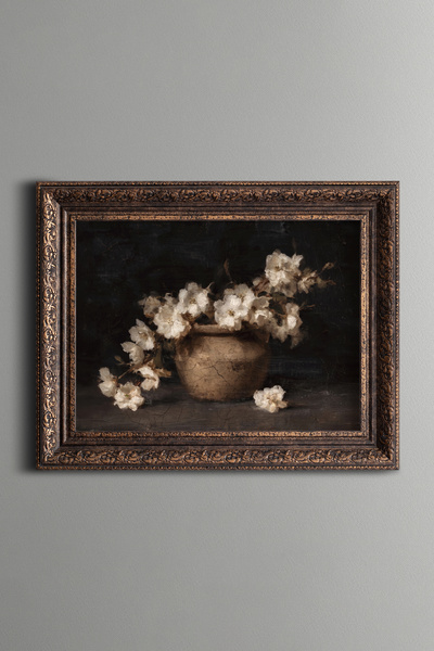 epiqart White Flowers in a Clay Vase - Vintage Patterned Painting - Thick Model