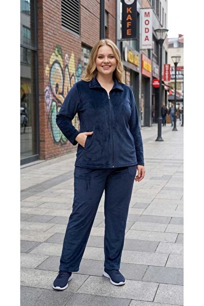 Asel Plus Size Solid Color Pocketed Lycra Soft Zippered Velvet Set