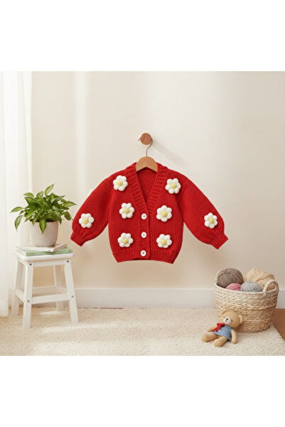 Generic Brand Cardigan copii tricotat manual roșu cu flori 3D, mânecă lungă, ...