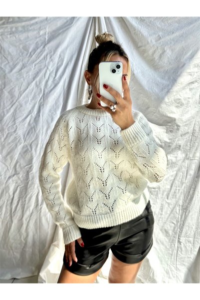 Gözde Tasarım Butik Women's Ecru White Color Cycling Collar Openwork Knitwear Knitted Sweater