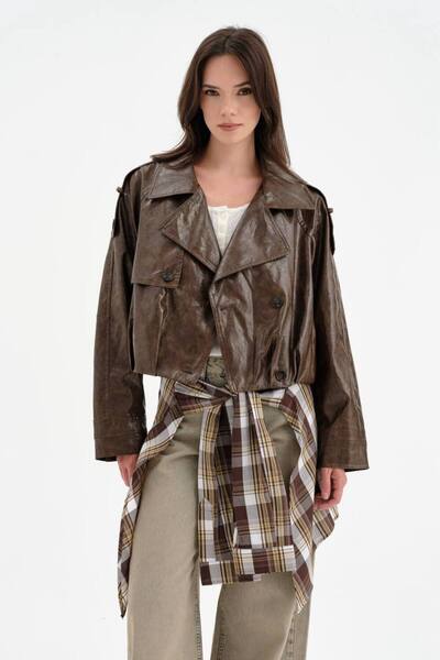 tw3 Women's Double-Breasted Leather Jacket with Pleated Detail at the Bottom ...