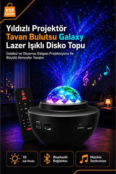 YEF SHOP Yıldızlı Tavan Projektörü Galaxy LED Işık 10 Renk 10 Işık Modu Bluet...