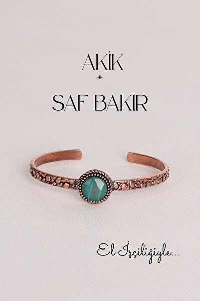 Store Yeşil Akik Taşlı Doğal Taş Saf Bakır El İşçiliği Bilezik