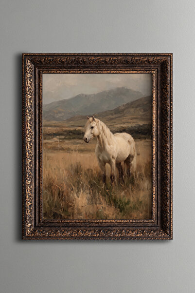 epiqart White Horse at the Edge of the Mountains - Vintage Patterned Painting...