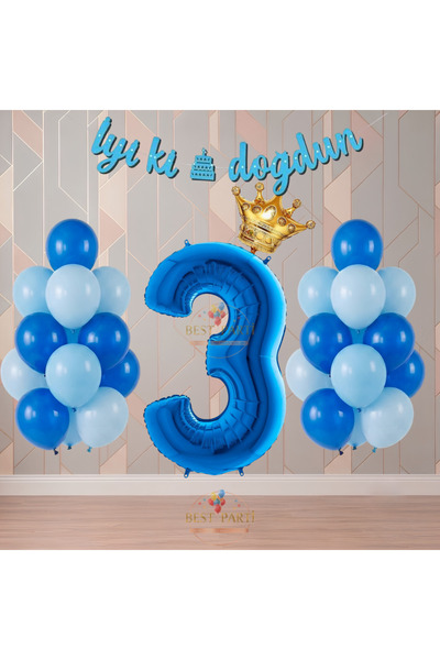 BEST PARTİ Best Blue Color Themed Numbered Birthday Party Set Age-3