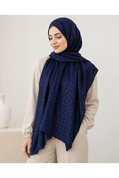 Fevora Navy Blue Patterned Stitched Cashmere Shawl 80X190 cm