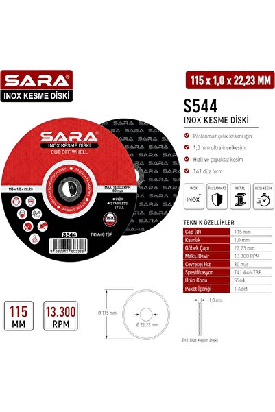 S544 115 mm Inox Kesme Diski – 1,0 × 22,23 Mm, Maksimum 13.300 Rpm (10 Adet)