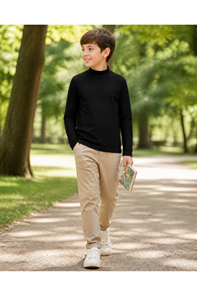 İncili Tekstil 100% Cotton Back to School Black Children's Half Turtleneck Lo...