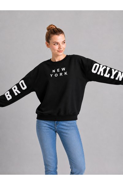 ESADE Women's Black Crew Neck Brooklyn Sleeve Printed 3-Printed Wool Inside Sweatshirt