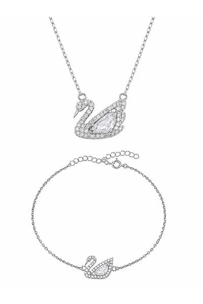 Pietra Pembe Zirkon Taşlı Kuğu set | 925 Ayar Gümüş set - Gümüş Kuğu Kadın se...