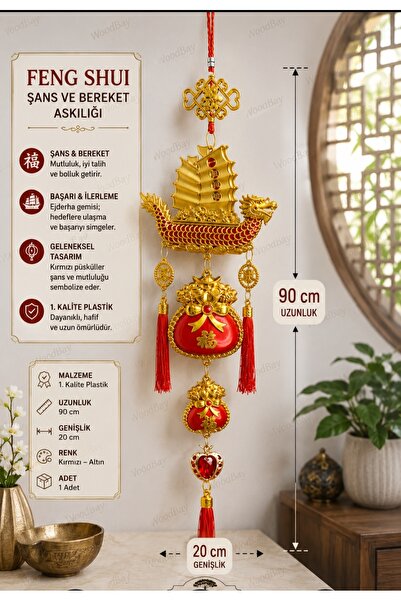 WoodBay Feng Shui Şans Bereket Askılığı Ejderha Gemili Kırmızı Püsküllü Çin D...