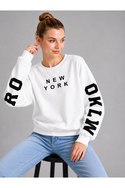 ESADE Women's White Crew Neck Brooklyn Sleeve Printed 3-Printed Wool Inside Sweatshirt