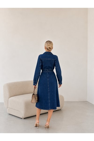SHEVEGA Kadın Lacivert Uzun Kollu Düğme Detaylı Denim Kot Elbise
