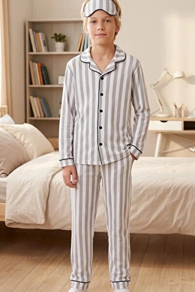 meymers Gray Striped Boys' Long Sleeved Pajama Set with Front Buttons (Eye Ba...