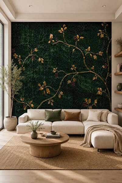 dreamwall Zümrüt Kadifenin Altın Sarmaşığı- Çiçek Desenli Tek Parça Tekstil D...