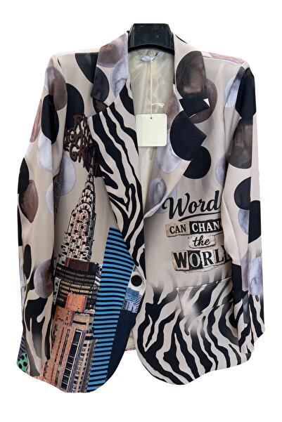 Generic Brand Sacou dama casual oversize bej imprimeu urban si buline