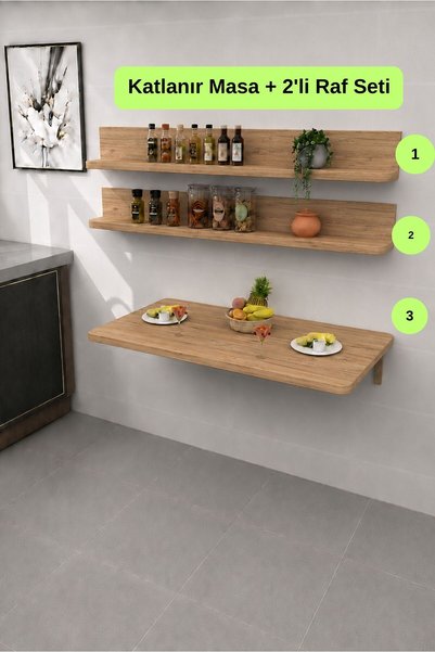Kydonia Home Duvara Monte Kırma Katlanır Mutfak Masası ve 2’li Raf Seti 60x90 cm