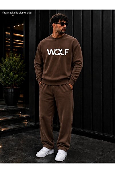 caddekombin Men's Wolf Wolf Silhouette Printed Crew Neck Regular Fit Men's Tr...