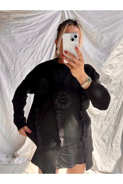 Gözde Tasarım Butik Women's Black Color Cycling Collar Rose Appliqué Premium Quality Knitwear Sweater