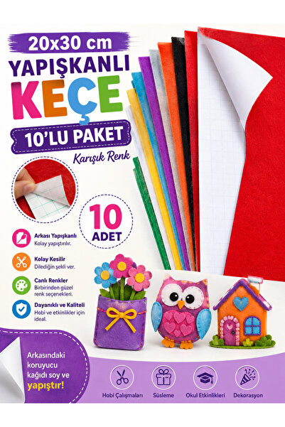 kruxon 20x30 cm Yapışkanlı Keçe 10’lu Paket Karışık Renk Hobi ve Etkinlik Keçesi
