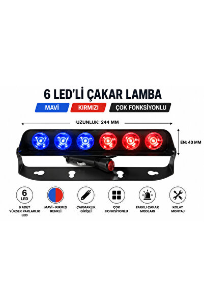 EP GARAJ OTOMOTİV ÜNİVERSAL 6 LED'li Çakar Lamba Mavi Kırmızı ÇAKMAKLIK GİRİŞ...