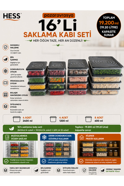 Hess Mikrodalga ve Difriz Uyumlu 16 Adet Saklama Kabı Seti 2400x4+1200x4+600MLX8