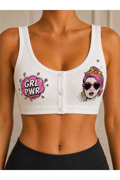 Novera Ribbed Popart Patterned Sports Bra with Removable Snap-On Pads