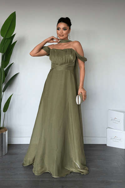 giyimmasalı Chiffon Organza Fabric Evening Dress with Ruffle Detail - Khaki G...