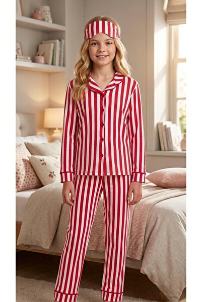 meymers Green Striped Girls' Long Sleeved Pajama Set with Front Buttons (with...