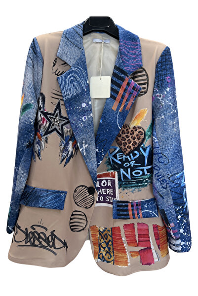 Generic Brand Sacou dama casual oversize albastru imprimeu grafic si text
