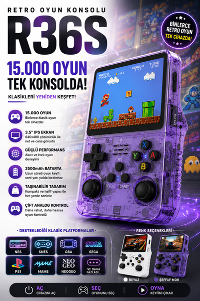Happy Owl R36S Retro Oyun Konsolu 15.000 Oyun 3.5 İnç IPS Ekran 3500 mAh Taşı...