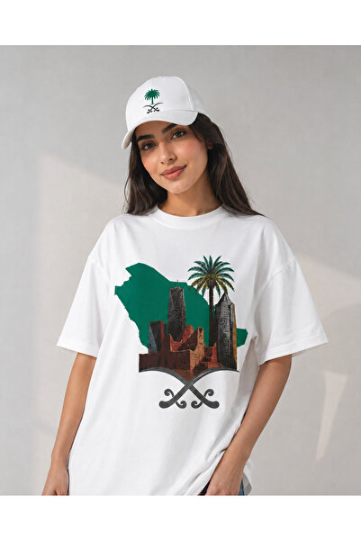 ZAVIXO Saudi Arabia National Day Women's T-Shirt Hat Set 2-Piece Set White 100% Cotton Oversize Comfortable Cut