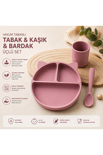 Bebeye 3'Lü Bebek Beslenme Seti Vakumlu Mama Tabağı - Mama Kaşığı - Alıştırma Bardağı Pow Pow Pinky