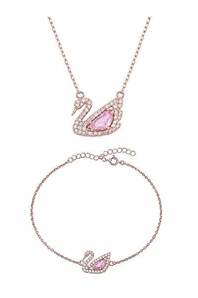 Pietra Pembe Zirkon Taşlı Kuğu set | 925 Ayar Gümüş set - Gümüş Kuğu Kadın se...