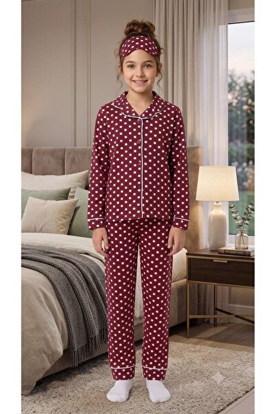 meymers Front Buttoned Burgundy Color Polka Dot Pattern Girls' Long Sleeved P...