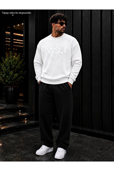 caddekombin Men's Wolf Wolf Silhouette Printed Crew Neck Regular Fit Men's Tr...