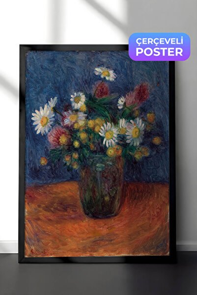 Zestia Black Framed Impressionist Wall Art, Daisy Bouquet on Blue Background,...