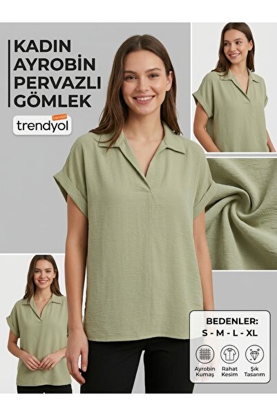 aryam butik Kadın Ayrobin Kumaş PERVAZLI Kısa Kollu Gömlek Yaka Rahat Kesim Ş...