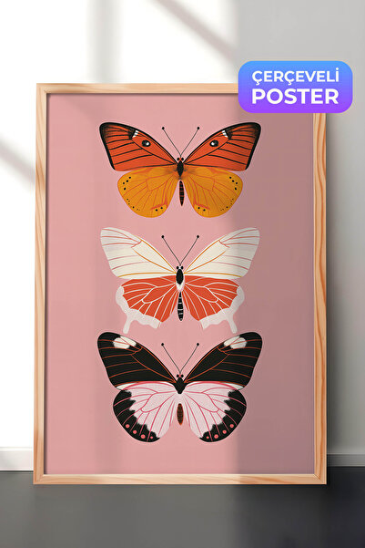 Zestia Pictură murală minimalistă cu ramă din lemn, fluturi pe fundal roz, ca...