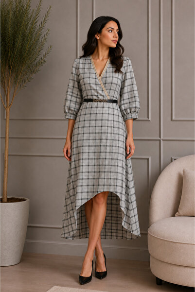 SUGA Women's Checkered Midi Dress with Elegant Cut, Waist Belt and 3/4 Sleeves