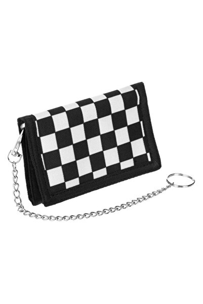 CATIANO Portofel Alb Negru in Carouri cu Banda Scai & Breloc Lant 12.5x1x8cm