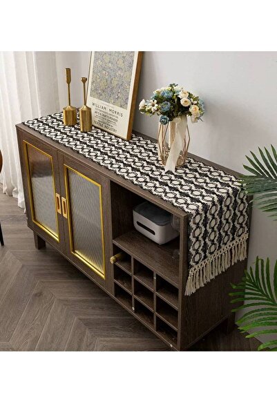 bity thok ممر طاولة وبوفيه هندسي أبيض وأسود (35×180)