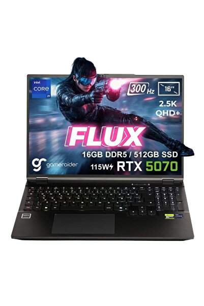 GameRaider FLUX GR16 Intel Core i9-14900HX GeForce RTX 5070 8GB 115W 16GB DDR5 512GB SSD 16 inç 2.5K QHD+ 300Hz FreeDos Gaming Laptop