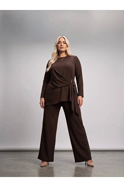 Koza Butik Women's Plus Size Long Sleeve Belted Detailed Tracksuit Set 8299-26