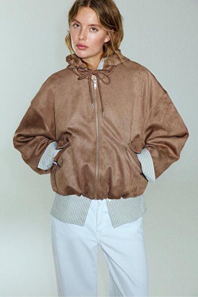 Pull & Bear Kapüşonlu suni süet bomber ceket