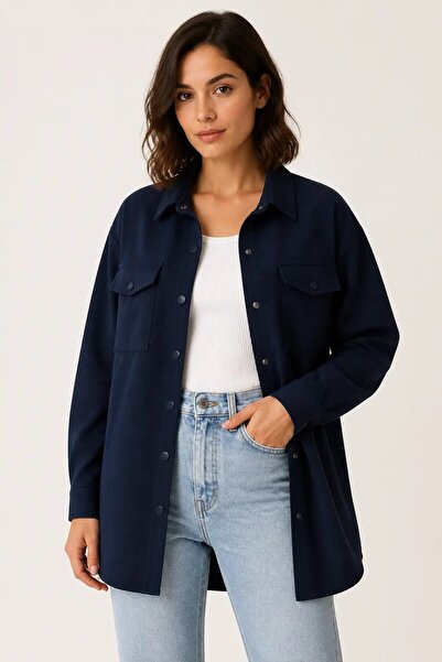hazelin Women's Navy Blue Oversize Snap Button Pocket Detailed Shirt Jacket H...